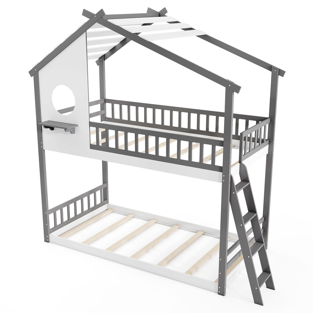Twin over twin house bunk bed in white and gray with roof, guardrails, and integrated ladder for kids' safety and fun.