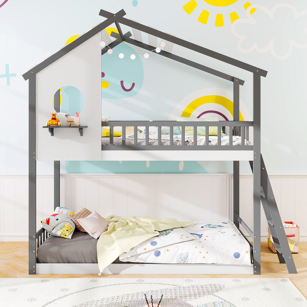 Twin over twin house bunk bed in white and gray with roof, guardrails, and low-to-ground floor bed for kids' safety.