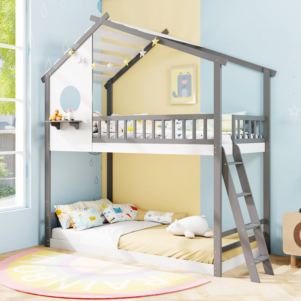 Side view of the Twin over Twin House Bunk Bed in white and gray, showcasing the spacious lower bed for kids' comfort.