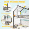 Twin over twin house bunk bed in white and gray with guardrails and integrated ladder, perfect for kids' rooms.
