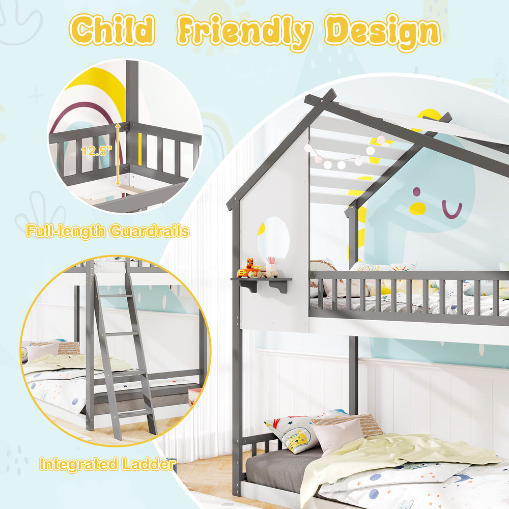 Twin over twin house bunk bed in white and gray with guardrails and integrated ladder, perfect for kids' rooms.