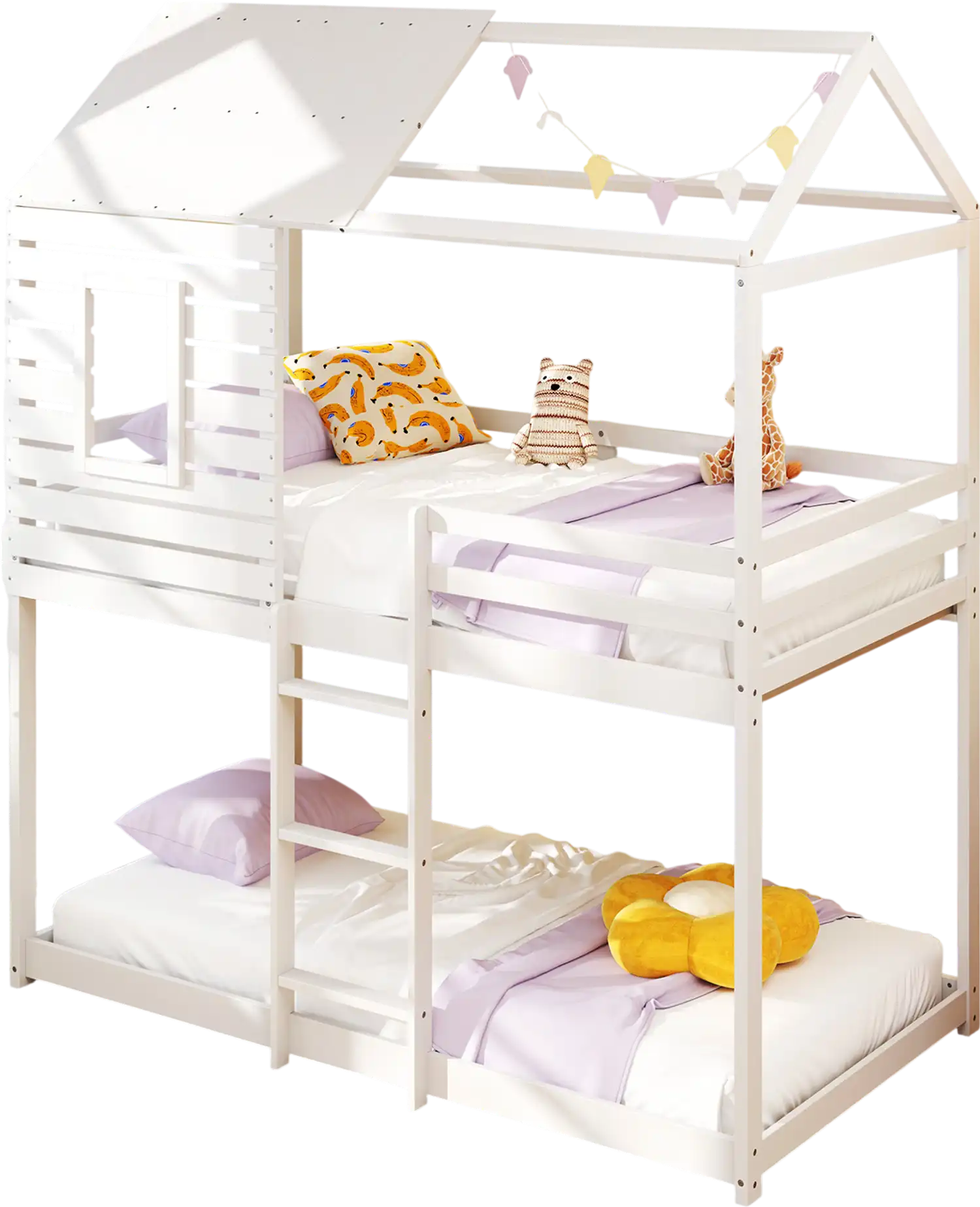 Costway Twin Over Twin House Bunk Bed with Roof Full-Length Guardrails White 329416785 New