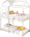 Twin over twin house bunk bed featuring a child-friendly floor frame and wide entrance for easy access and safety.