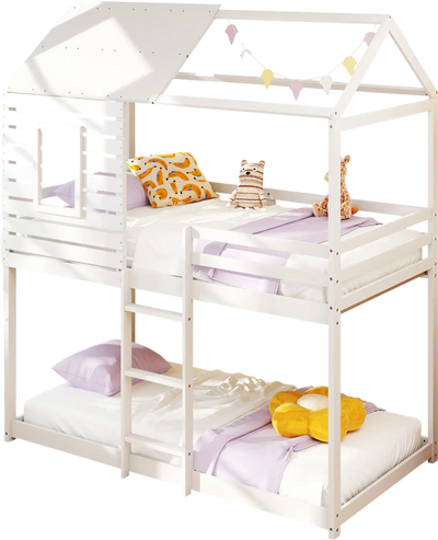 Costway Twin Over Twin House Bunk Bed with Roof Full-Length Guardrails White 329416785 New