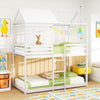 Twin over twin house bunk bed in white with pitched roof, guardrails, and playful design for kids' themed bedrooms.