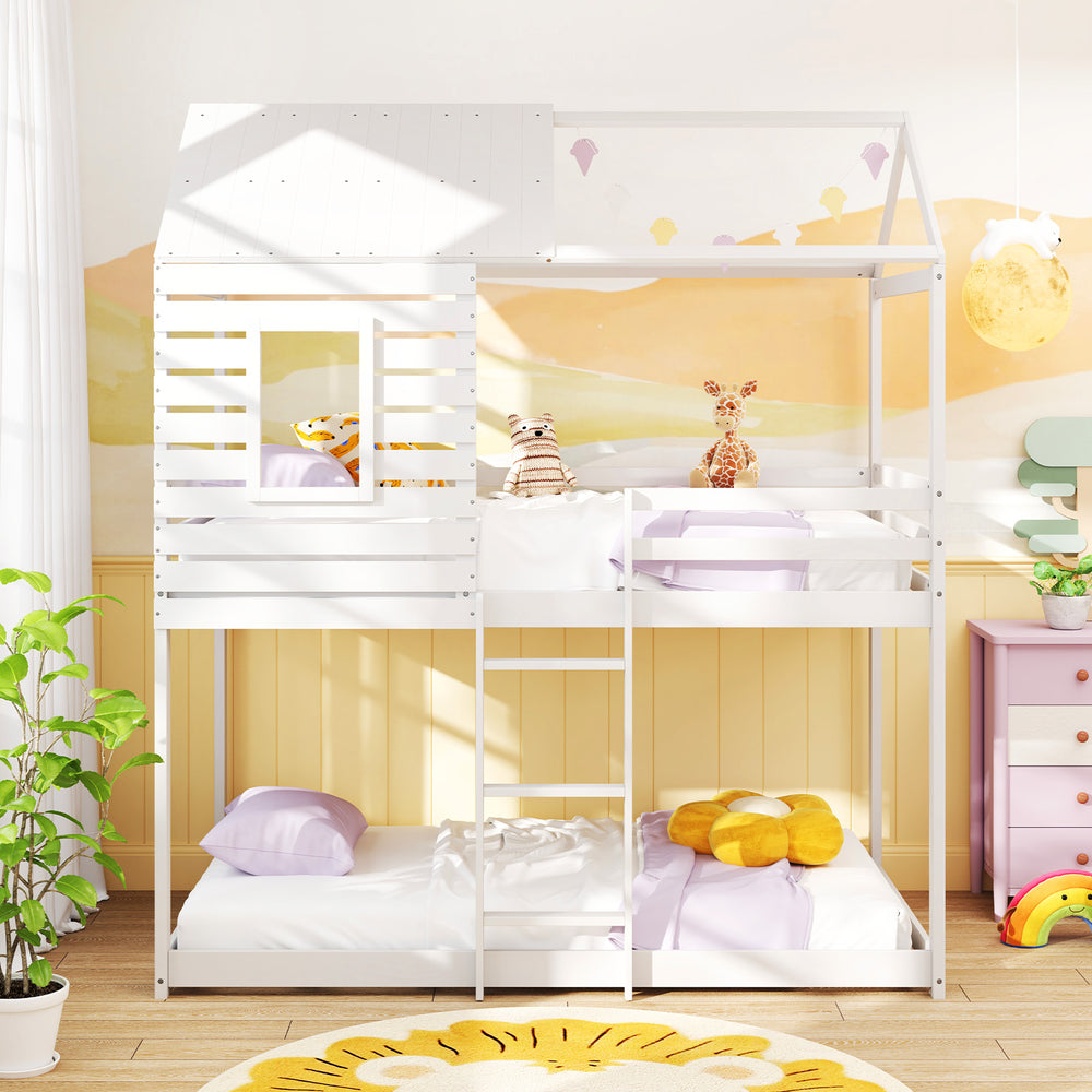 Twin over twin house bunk bed in white with a charming pitched roof, ideal for creating a whimsical children's bedroom.