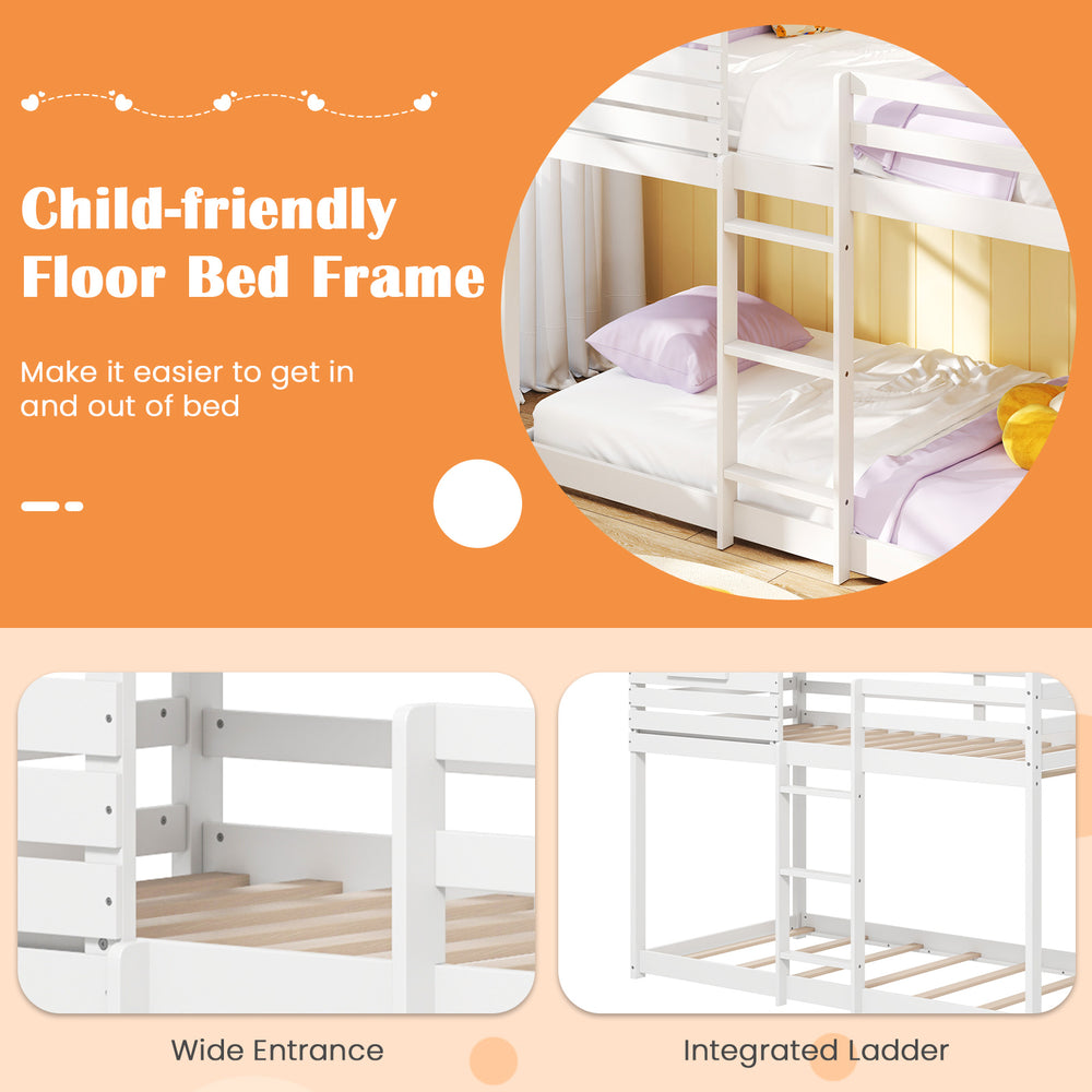 Twin over twin house bunk bed with roof, full-length guardrails, and integrated ladder for safe, fun sleeping.