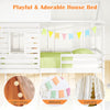 Twin over twin house bunk bed in white with pitched roof, guardrails, and playful decor for a fun bedroom space.