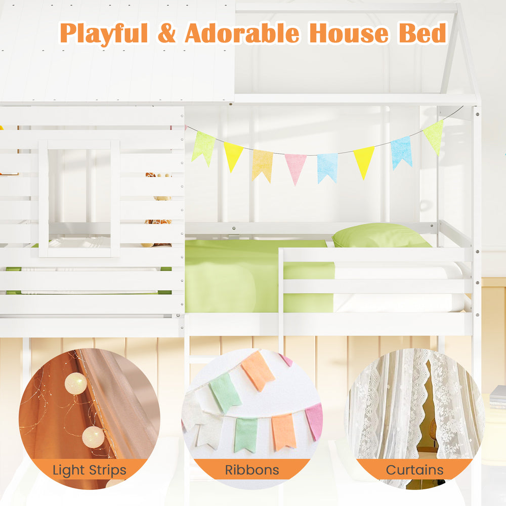 Twin over twin house bunk bed in white with pitched roof, guardrails, and playful decor for a fun bedroom space.