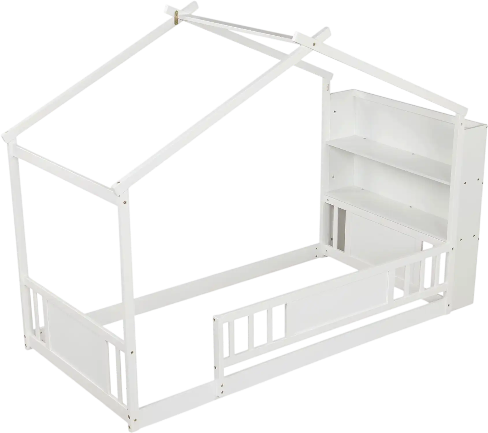 Costway Montessori House Bed Frame Twin Storage Bookshelf Roof Guardrail 67415228 New