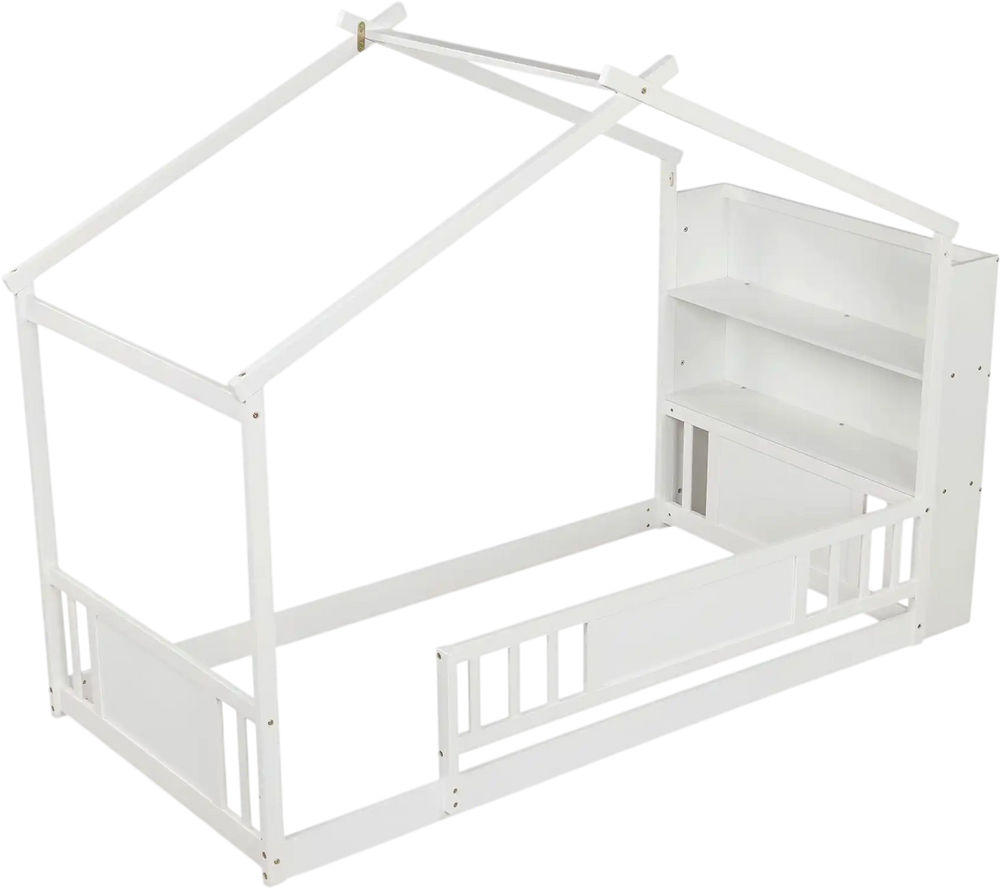 Twin size Montessori house bed with integrated bookshelf and safety guardrails, designed for imaginative bedroom play.