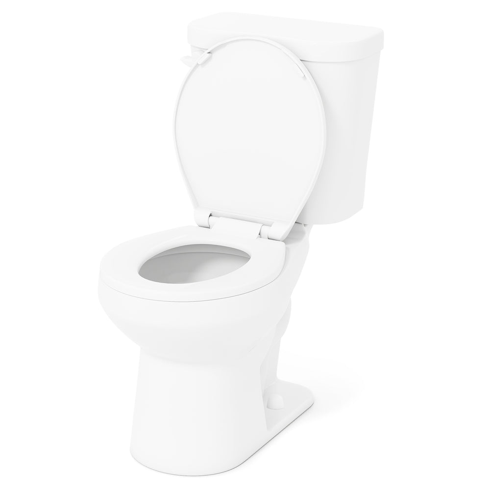 Two-piece round toilet with 17.5" ADA comfort height seat, soft-close feature, and stain-resistant glazed surface.