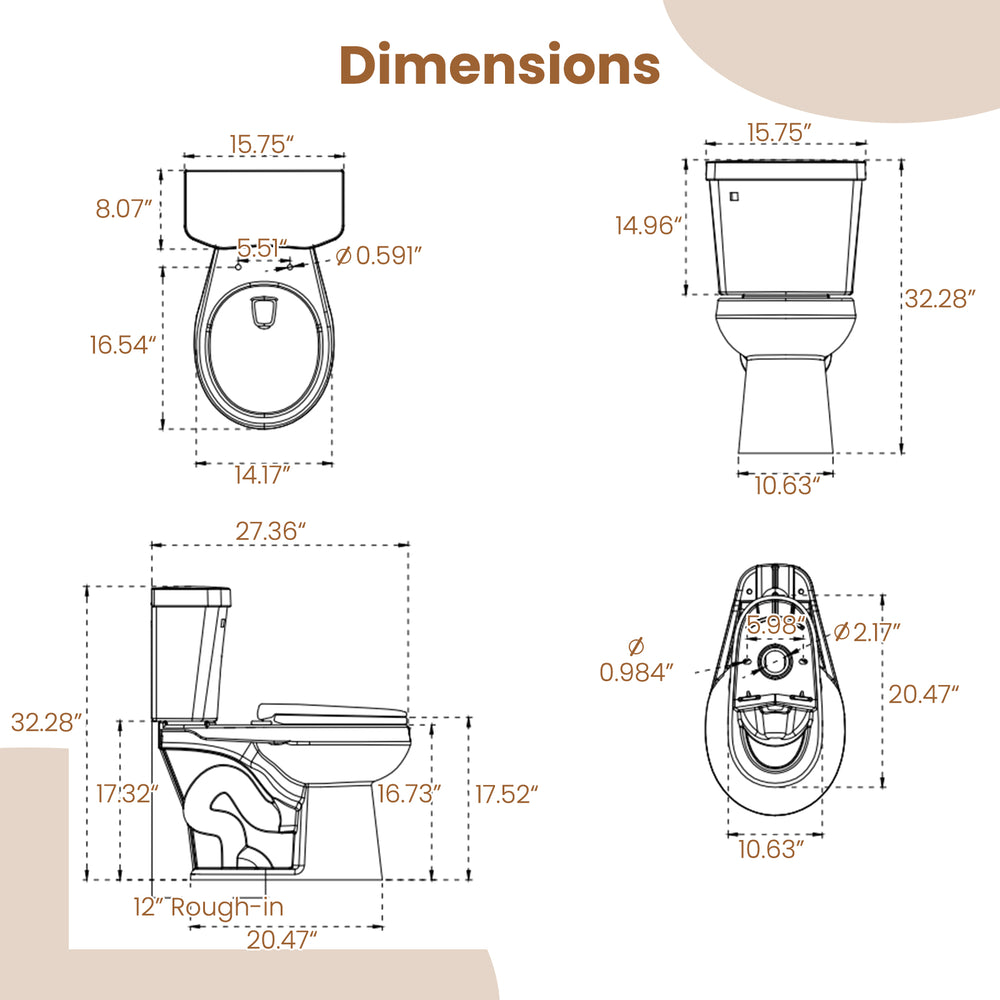 Dimensions of the two-piece round toilet with 17.5" ADA comfort height seat, ideal for small bathrooms.