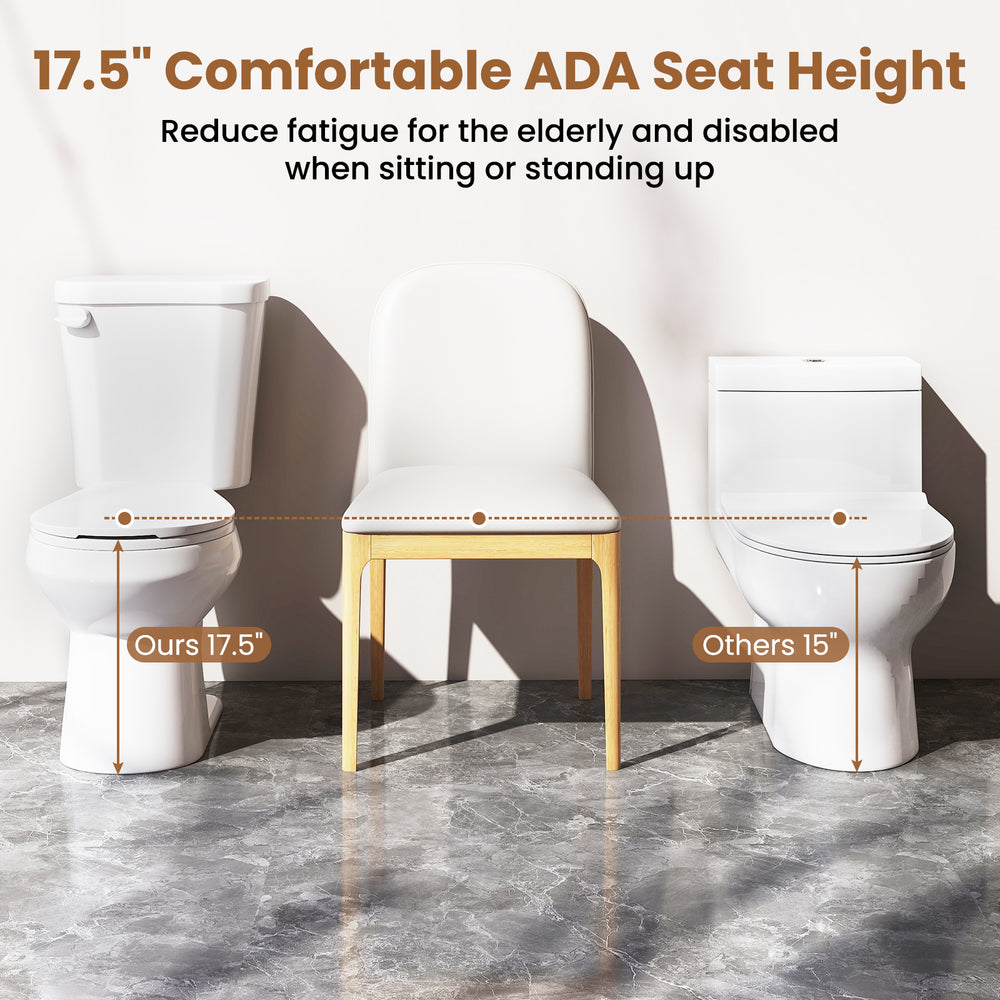 Two-piece round toilet with 17.5" ADA comfort height seat, designed for enhanced bathroom comfort and easy installation.