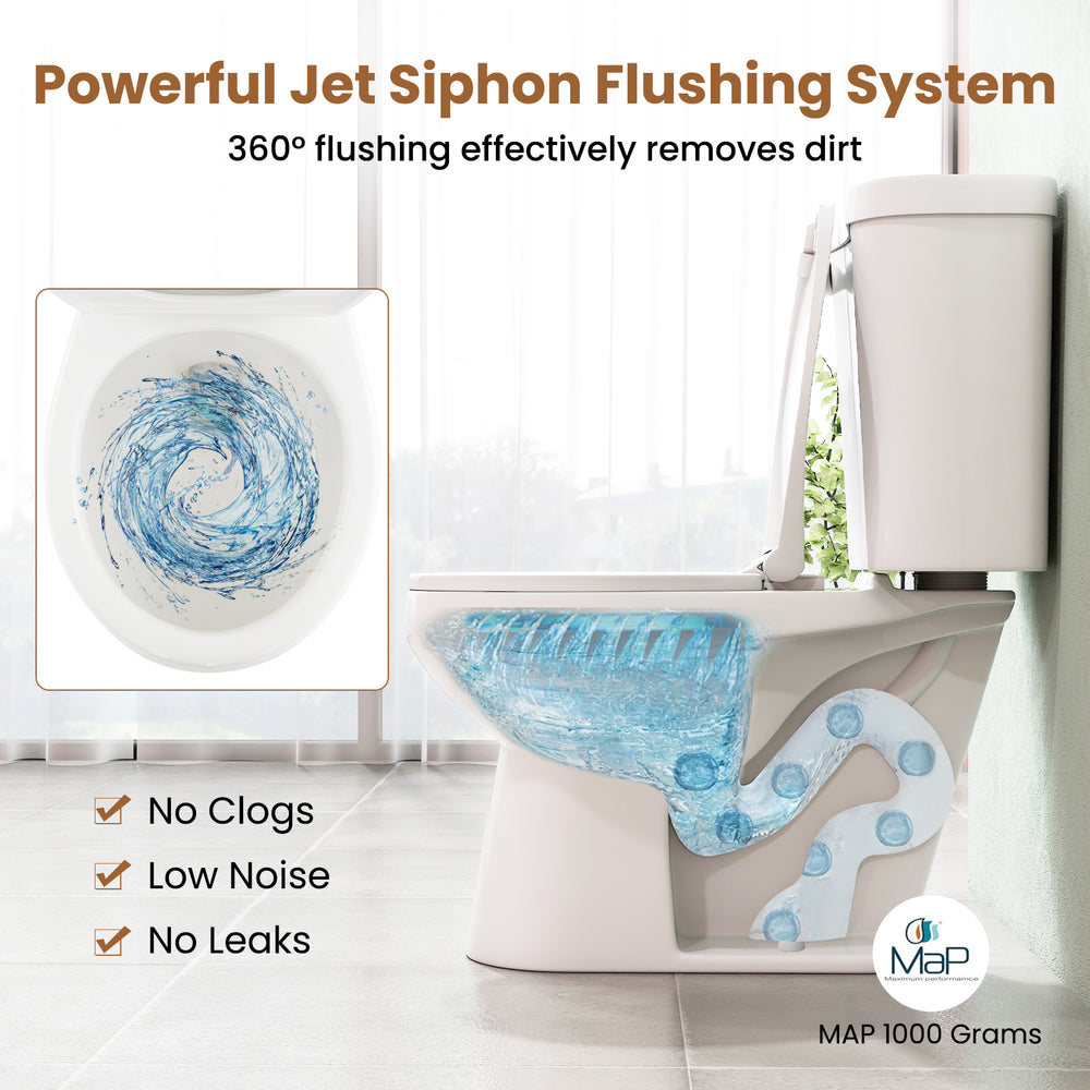 Two-piece round toilet with 17.5" ADA comfort height seat and 360° jet siphon flushing system for effective dirt.