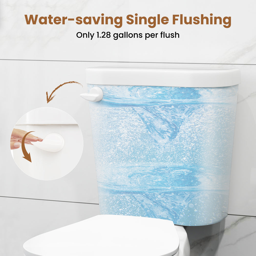 Round toilet tank featuring a water-saving 1.28 gallons per flush design, ideal for compact spaces and enhanced comfort.