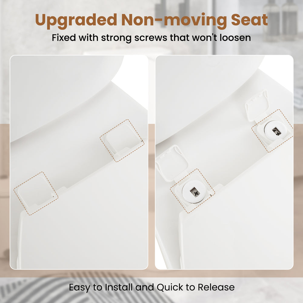 Close-up of the upgraded non-moving seat for the Two-Piece Round Toilet, featuring strong screws for easy installation.