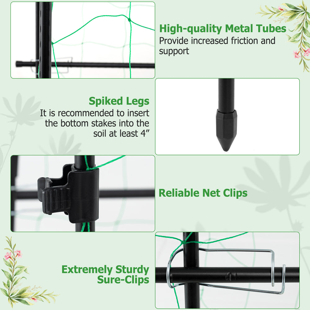 U-shaped garden trellis with spiked legs, PE-coated metal tubes, and reliable net clips for climbing plants.