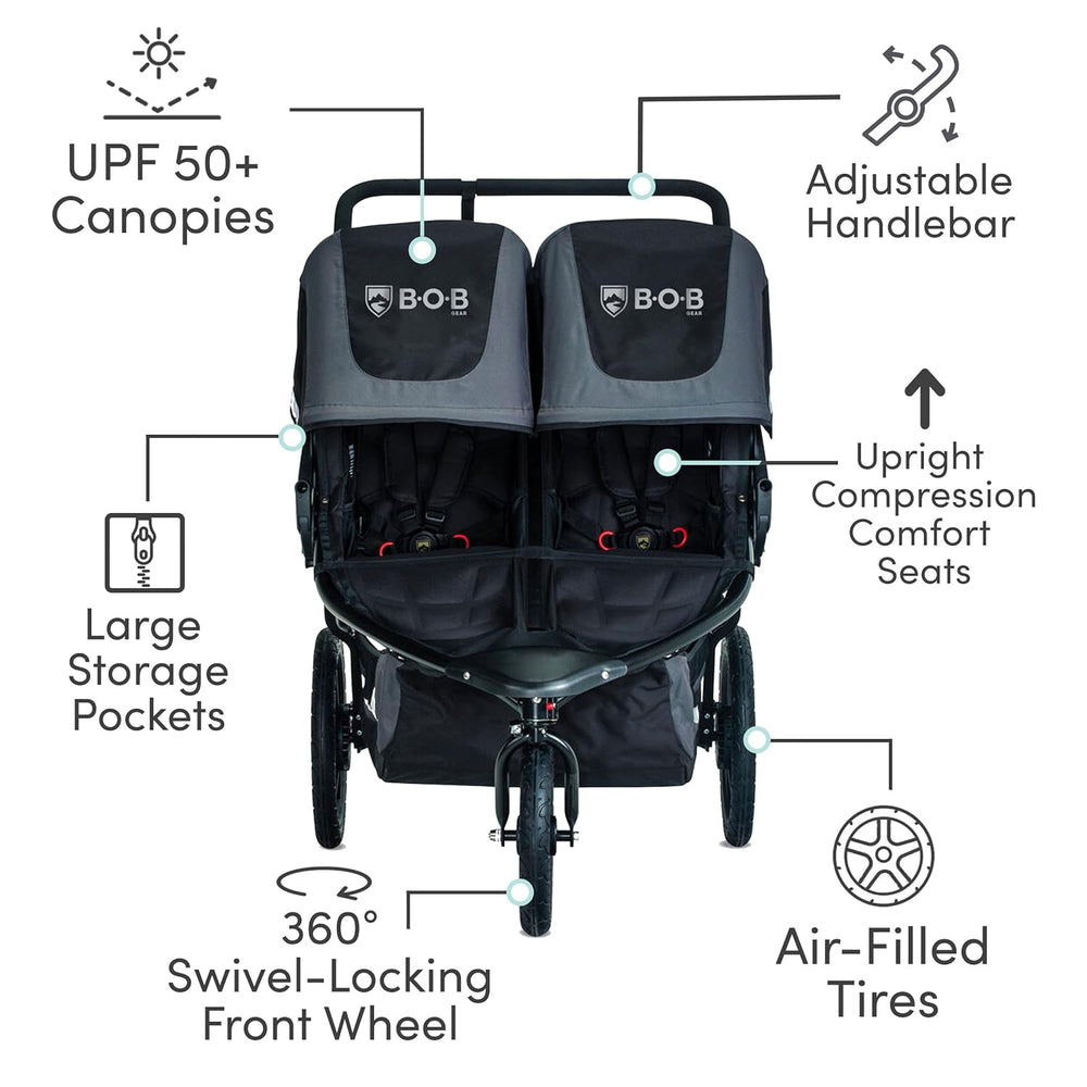 Bob Gear Revolution Flex 3.0 Duallie Jogging Stroller Double Seat All-Weather Graphite Black New