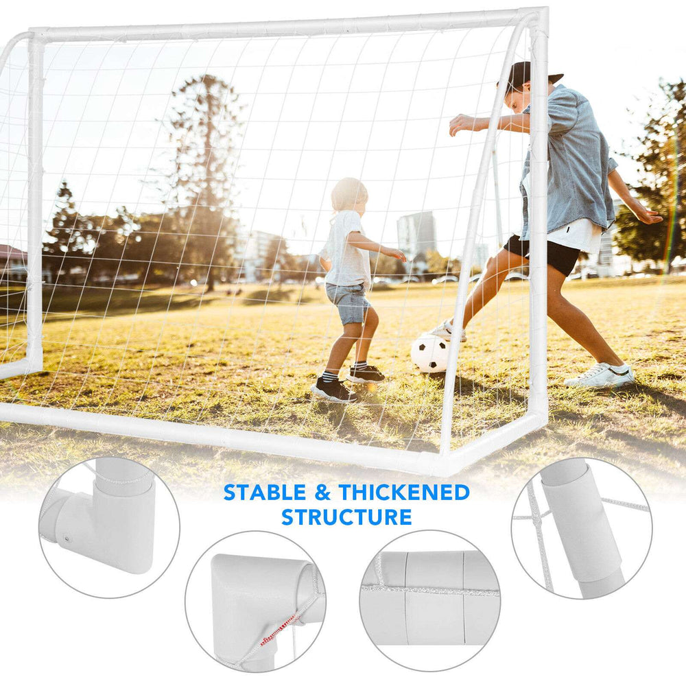Portable 6 x 4 feet soccer goal with strong UPVC frame and durable netting, ideal for kids' practice in any setting.