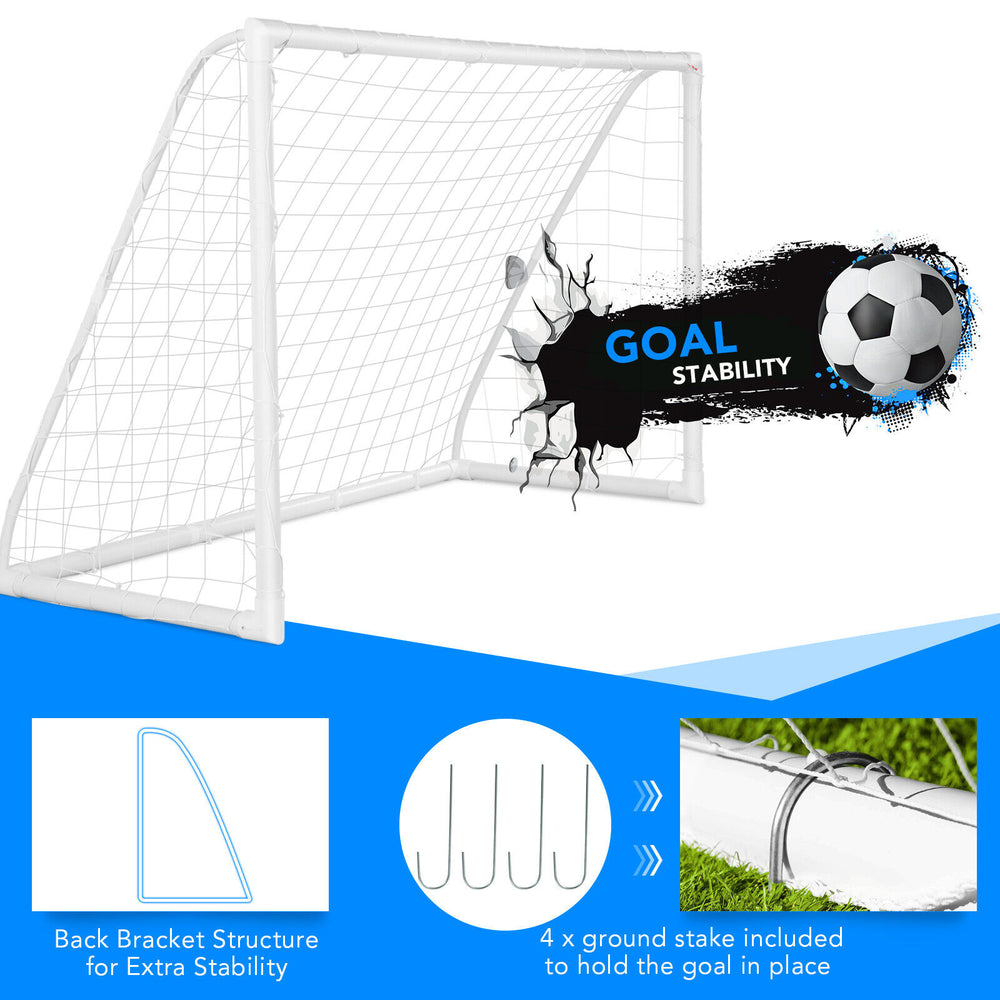 6 x 4 feet soccer goal with strong UPVC frame and heavy-duty netting, ideal for kids' practice in backyard or park.