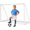 Child posing with a soccer ball in front of a 6 x 4 feet UPVC soccer goal, ideal for outdoor practice and fun.