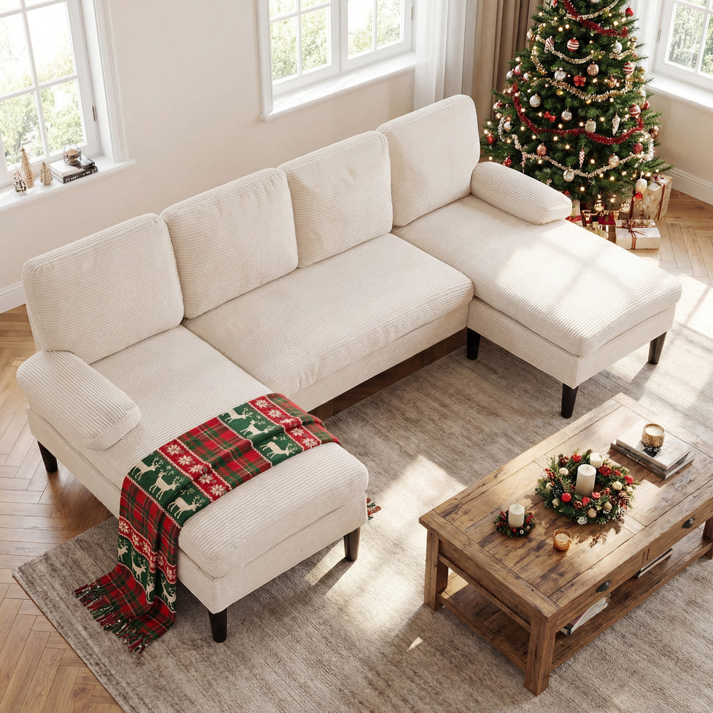 U-shaped sectional couch in beige with dual chaise lounges, perfect for living room gatherings and relaxation.