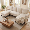 U-shaped sectional couch in beige with dual chaise lounges, soft corduroy fabric, perfect for living room gatherings.