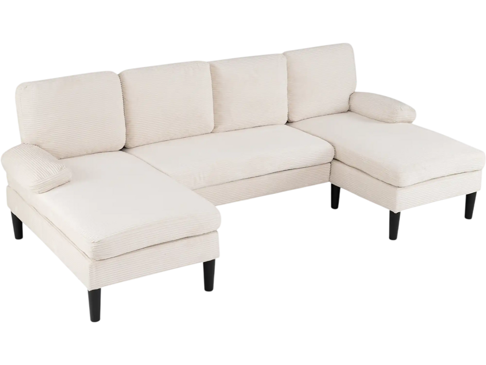 U-shaped sectional couch in beige with dual chaise lounges, soft corduroy fabric, and ergonomic design for living room.