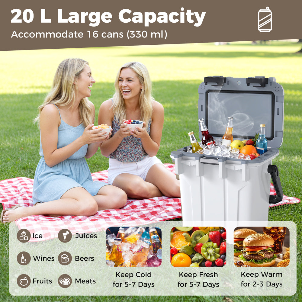 Large 21 QT hard ice chest in white with ergonomic handle, perfect for camping and tailgating, holds 16 cans.