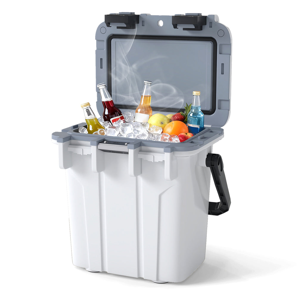 Ultra-Light Injection Molded Cooler with drinks and ice, 21 QT capacity, leakproof design for camping and gatherings.