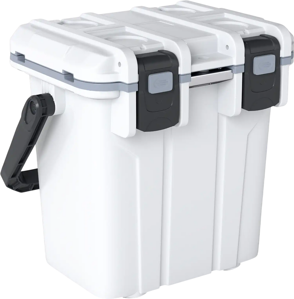 Ultra-light 21 QT hard ice chest in white with ergonomic handle, leakproof seal, and secure push-pull latches for.