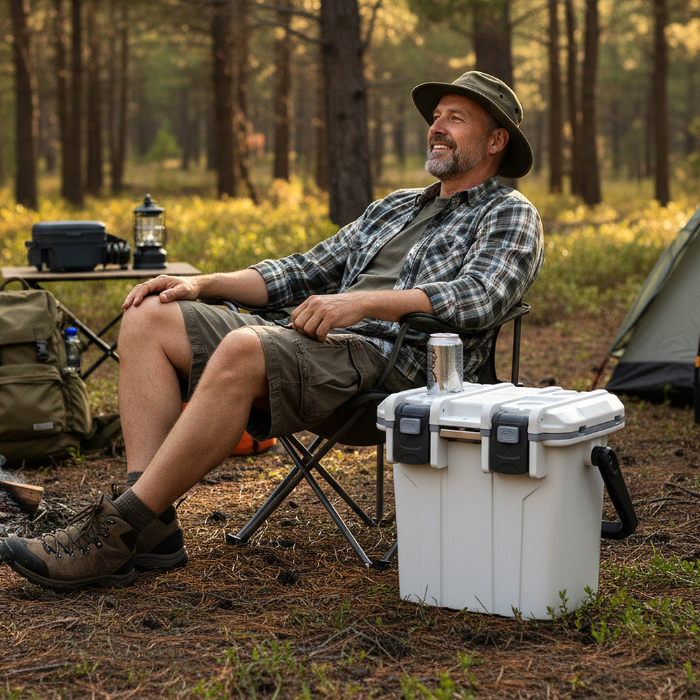 Ultra-Light Injection Molded Cooler 21 QT in white, featuring ergonomic handle and leakproof design for camping use.