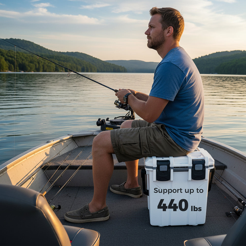 Lightweight 21 QT cooler with ergonomic handle, supporting 440 lbs, ideal for camping and outdoor activities.