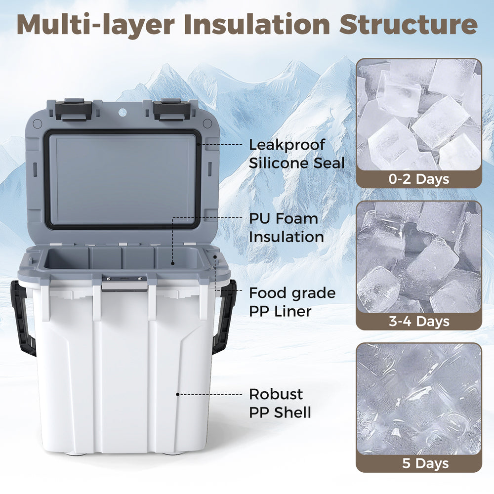 Ultra-Light Injection Molded Cooler 21 QT with leakproof seal, food-grade PP liner, ideal for camping and tailgating.