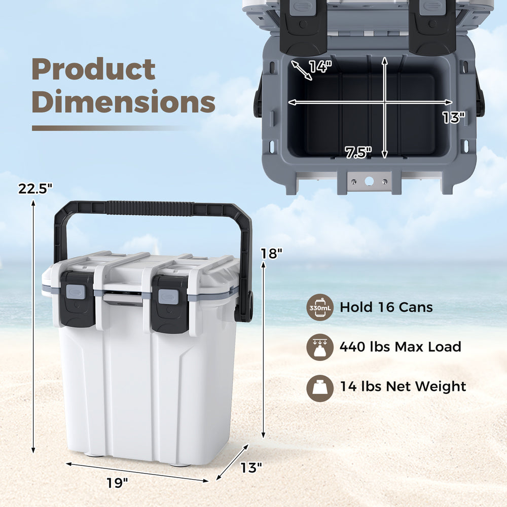 Ultra-Light Injection Molded Cooler 21 QT in white, showcasing dimensions for 16 cans, ideal for camping and beach.