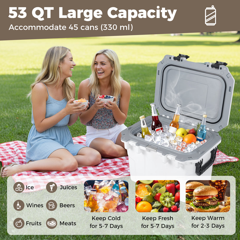 53 QT hard ice chest in white with ergonomic handle, ideal for camping and tailgating, holds up to 45 cans.