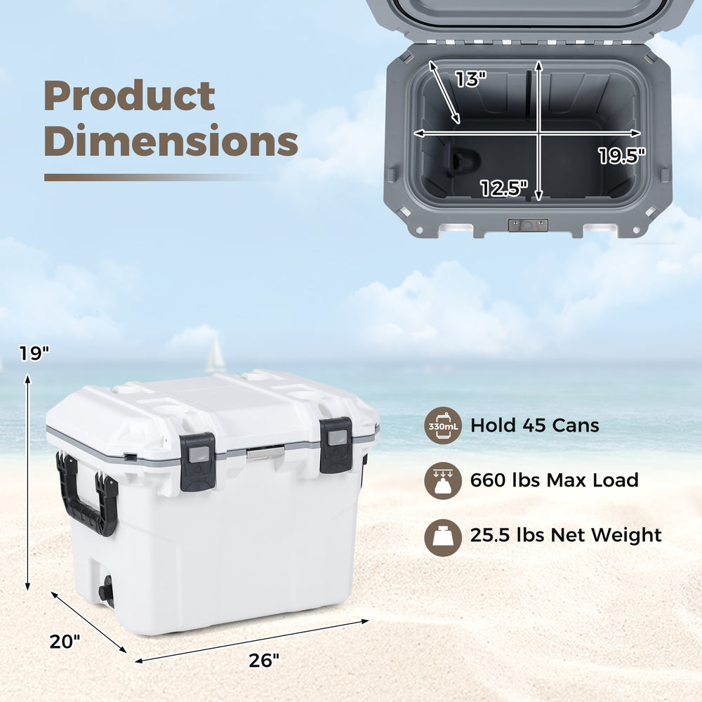 Ultra-Light Injection Molded Cooler with 53 QT capacity, 660 lbs max load, and dimensions for camping or beach trips.