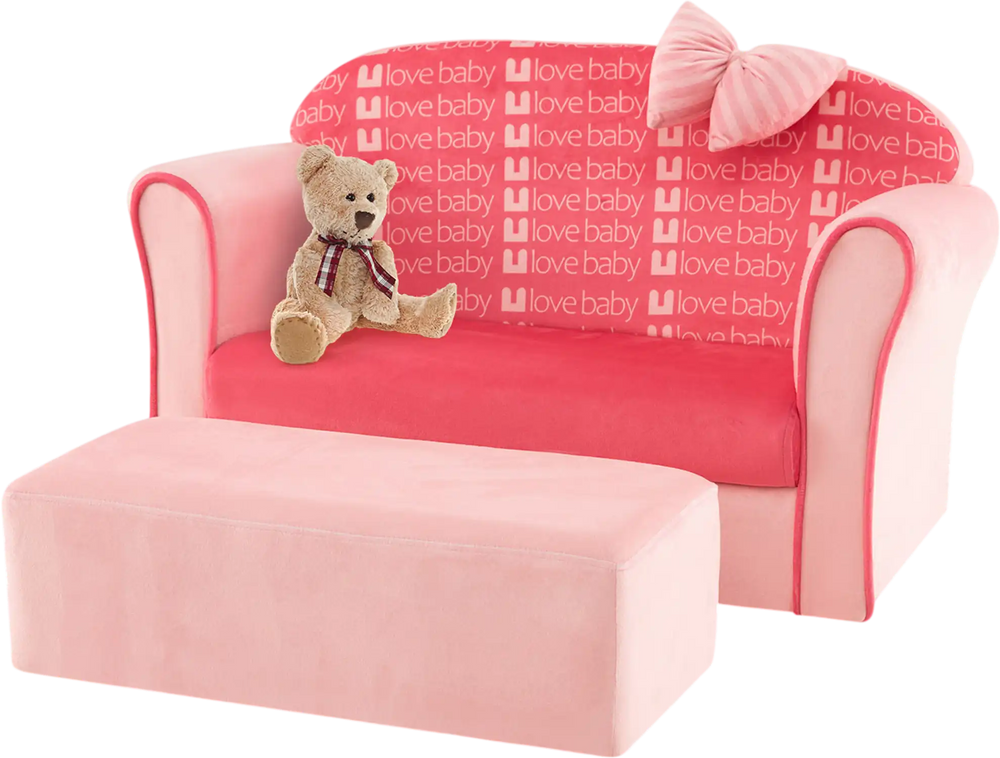 Ultra soft pink velvet kids sofa chair with ottoman, perfect for toddlers to read, play, and relax in a safe.