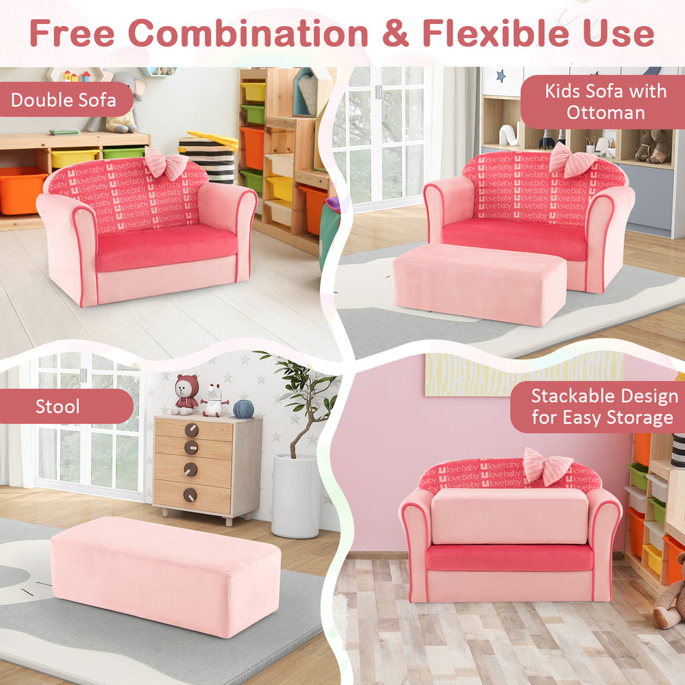 Ultra soft pink kids sofa chair with ottoman, ergonomic design for toddlers, perfect for playrooms and reading.