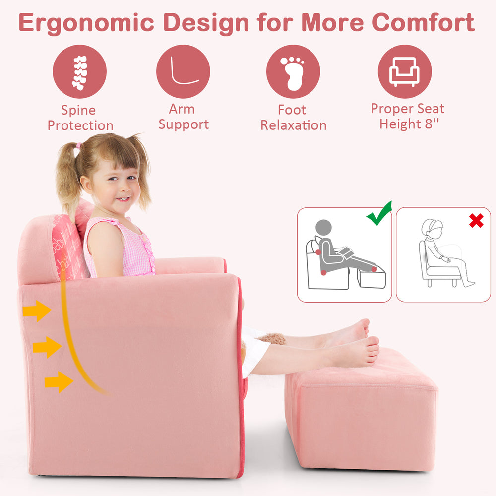 Ultra soft pink velvet kids sofa chair with ottoman, ergonomic design for comfort and support, ideal for toddlers.