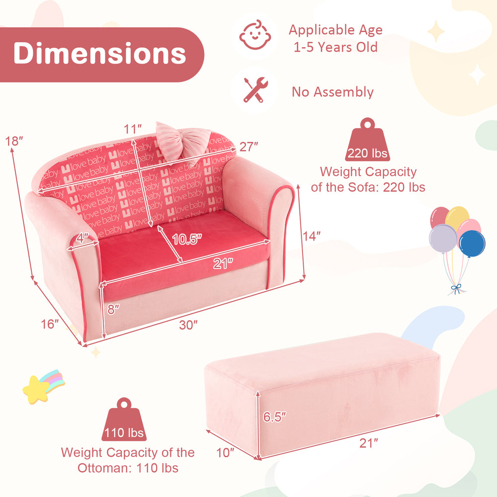 Dimension chart of the ultra soft pink velvet kids sofa chair with ottoman, showcasing measurements and weight capacity.
