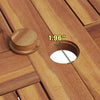 Close-up of the 1.96'' umbrella hole on the acacia wood tabletop of the 7-piece rattan patio dining set.