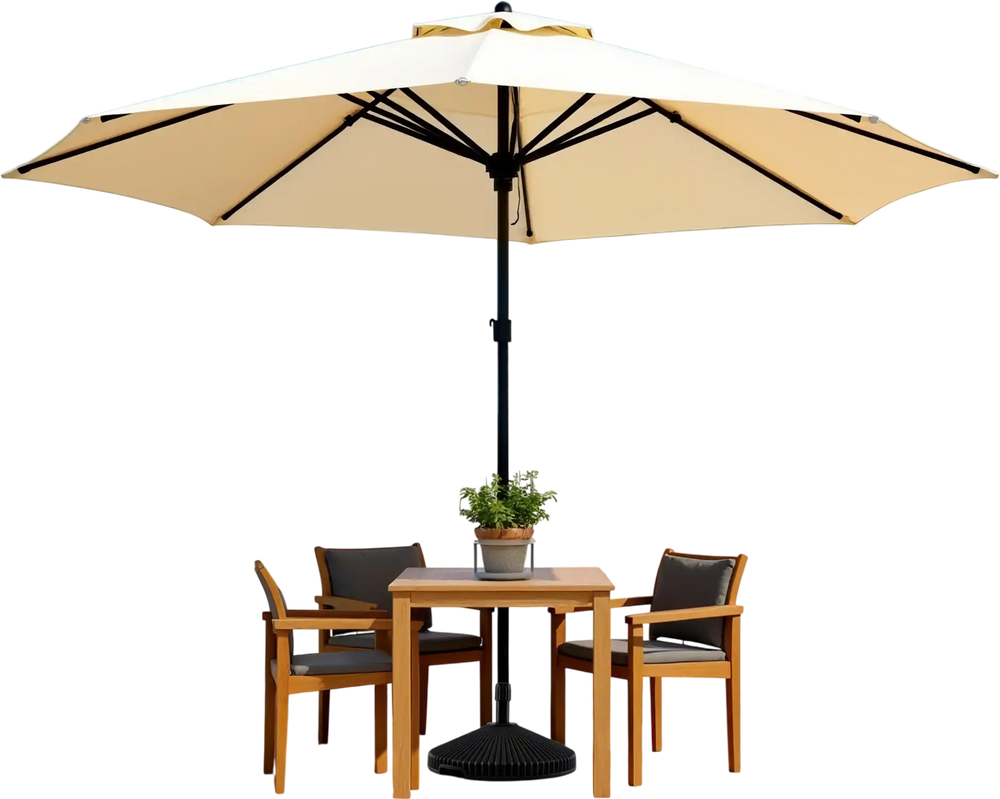 Water and sand filled outdoor umbrella stand in black with shell texture, designed for 6-10 ft patio umbrellas.