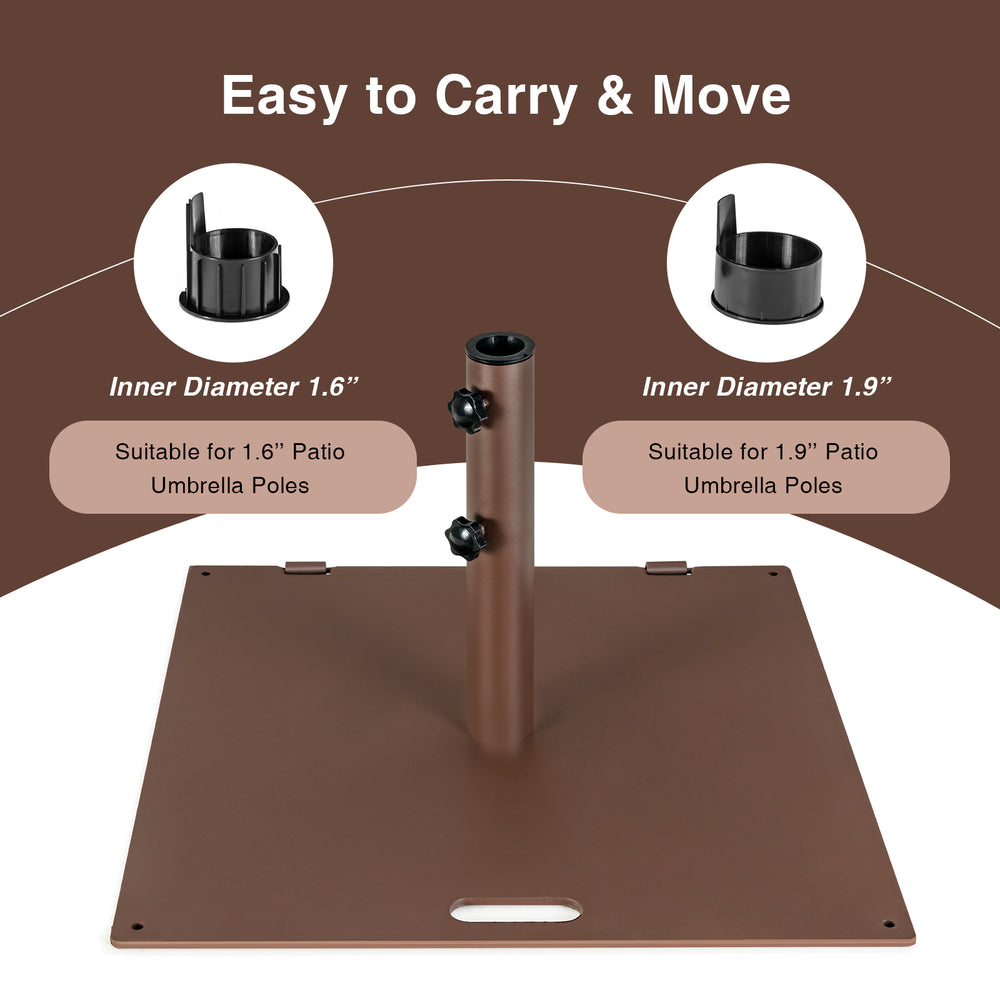 24-inch square patio umbrella base made of heavy-duty steel, featuring wheels and adapters for 1.6" and 1.9" poles.