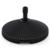 Black outdoor umbrella stand with shell texture, made from HDPE, fits 6-10 ft umbrellas, and features a convenient.