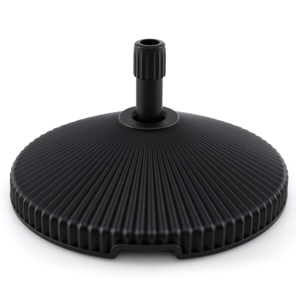 Black outdoor umbrella stand with shell texture, made from HDPE, fits 6-10 ft umbrellas, and features a convenient.