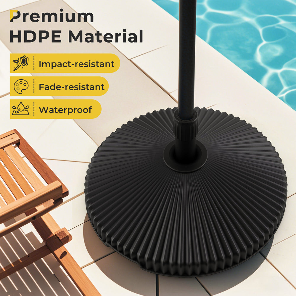 Black outdoor umbrella stand with shell texture, made of premium HDPE, waterproof and impact-resistant for stability.