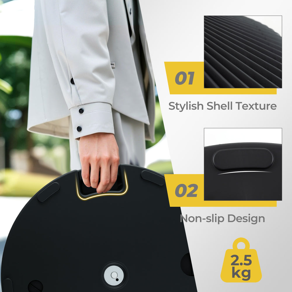 Black outdoor umbrella stand with stylish shell texture, non-slip design, and convenient carrying handle for easy.