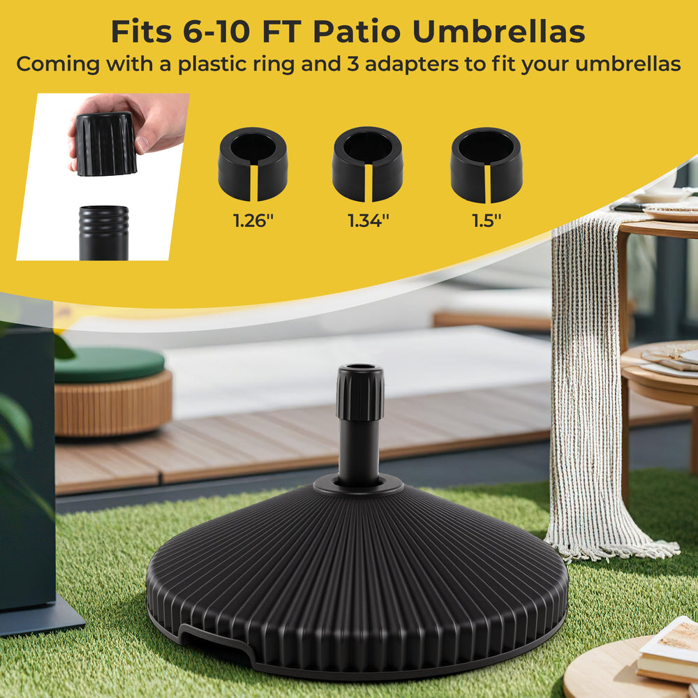Water and sand filled outdoor umbrella stand in black with shell texture, fits 6-10 ft umbrellas, includes 3 adapters.
